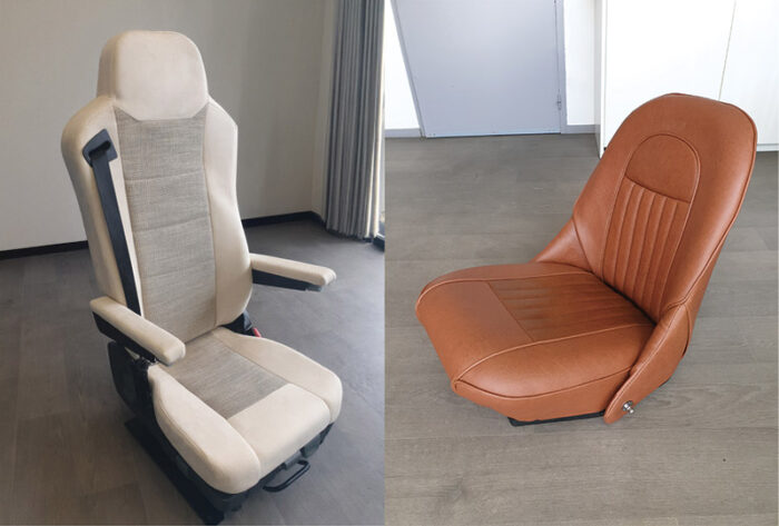 Siège de camping-car blanc et siège de voiture de collection marron.
