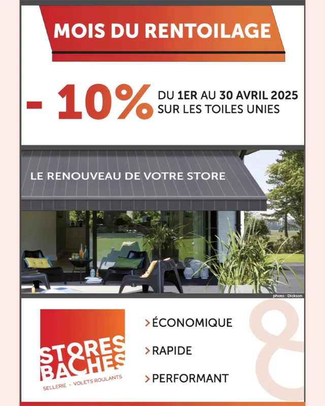 ✨ -10% sur le rentoilage* des toiles unies tout le mois d’avril ! 
📅 Offre valable du 1er au 30 avril 2025
Vos stores extérieurs sont ternis ou abîmés ? Offrez-leur une seconde jeunesse sans changer toute l’installation !
Pourquoi opter pour le rentoilage ?
✅ Économique : Moins coûteux que l’achat d’un store neuf
✅ Personnalisable : Un large choix de couleurs et de finitions.
✅ Performance & durabilité : Une solution conçue pour durer.
📍 Passez au showroom ou demandez votre devis gratuit dès maintenant !
* Rentoilage : remplacement de votre ancienne toile.
#offrespéciale #rentoilage #toiledestore #reparationstores #storebanne #amenagementexterieur